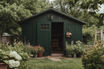 Garden shed surrounded by vibrant flowers and lush greenery, creating a peaceful retreat in a residential backyard during late spring