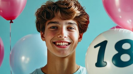 A happy young man celebrates his 18th birthday, holding balloons and smiling with excitement, marking a milestone in adulthood. . High quality 4k footage
