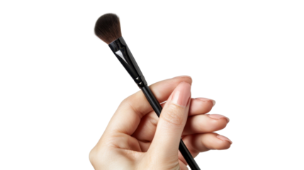 Woman hand holding makeup brush with transparent background