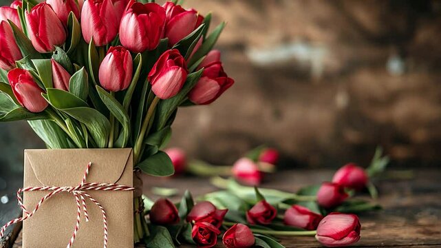 This vibrant bouquet of red tulips sits next to a gift box, surrounded by scattered petals on wood.