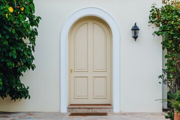 Fototapeta premium Stylish archway door set against a cream wall, surrounded by lush green foliage and a modern outdoor light fixture in a tranquil setting