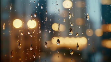 A close-up of raindrops on a windowpane, city lights blurred in the background