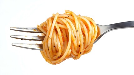 spaghetti on fork on white background