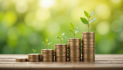 Stacks of coins with green plants symbolize financial growth and investment.