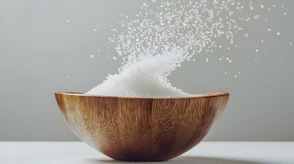 Pure refined Sugar in wooden bowl flying