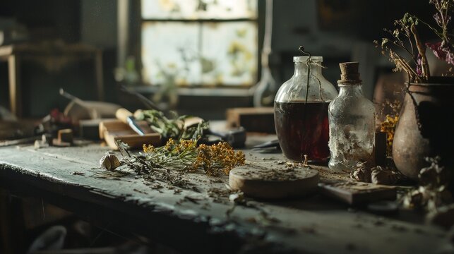 Rustic dining table with antique glassware and candles