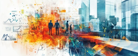 Obraz premium Business professionals analyze data and walk towards a bustling cityscape