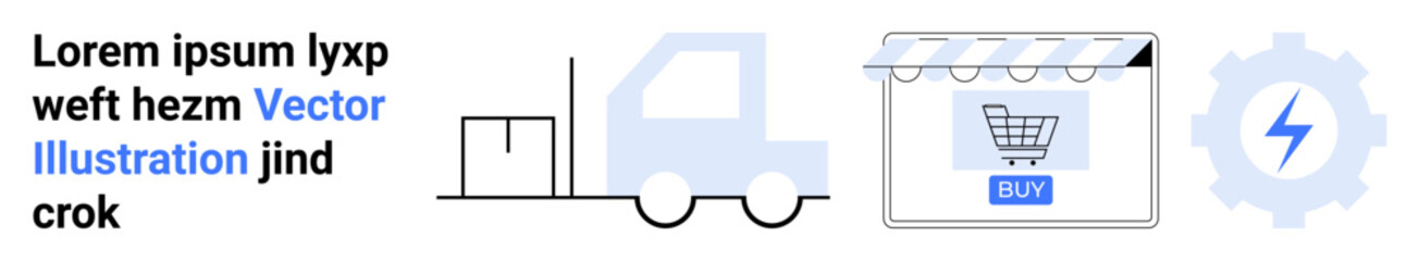 Delivery truck, storefront with shopping cart, gear icon representing e-commerce, logistics, automation, technology, supply chain, and efficiency. Ideal for business digital commerce shipping