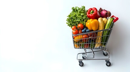 Shopping cart with groceries on white