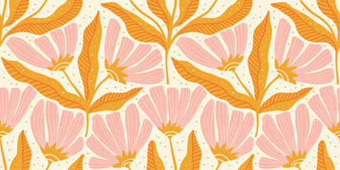 Seamless Floral Vintage Pattern Flowers And Leaves With Decorative Details Art Nouveau Folk Contemporary Flower Light Background