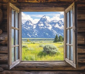 Rustic cabin window view of Teton mountains (1)