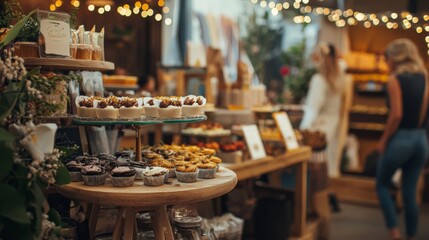 Cozy bakery shop with delicious pastries on display