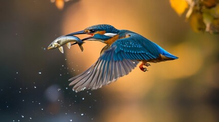 Obraz premium Blue Kingfisher Bird in Flight Catching Fish