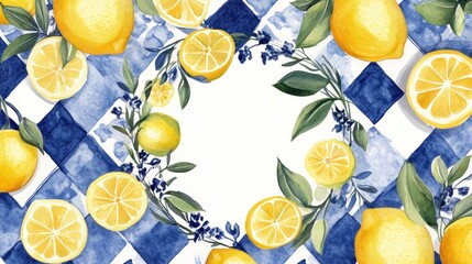Watercolor Lemons and Floral Accents on a Blue Gingham Patterned Background