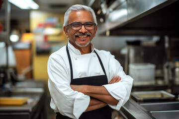 Portrait of older Indian chef standing in commercial restaurant kitchen with arms crossed