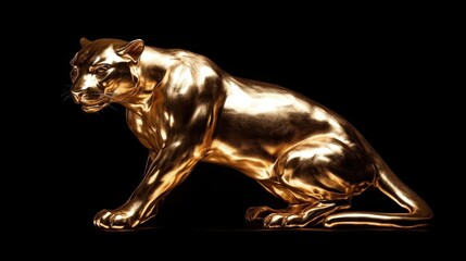 A golden sculpture depicts a feline animal in a poised position