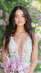 Naklejka premium Elegant young caucasian female bride holding lilac bouquet in nature