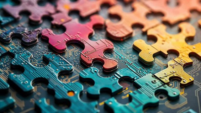 Colorful circuit board puzzle pieces connecting in vibrant technology animation
