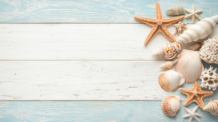 Seashell and starfish arrangement on weathered wood - coastal design background