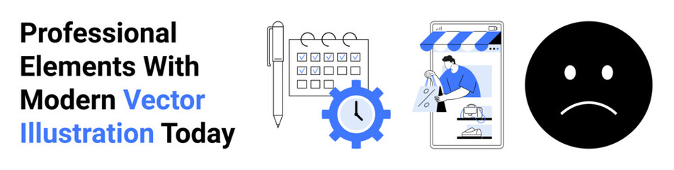 Calendar, pen, gear, online storefront, and sad face symbolizing productivity, planning, workflow, e-commerce emotion innovation. Ideal for productivity business tools e-commerce scheduling