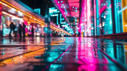 Obraz premium Rainy city street at night reflecting neon lights