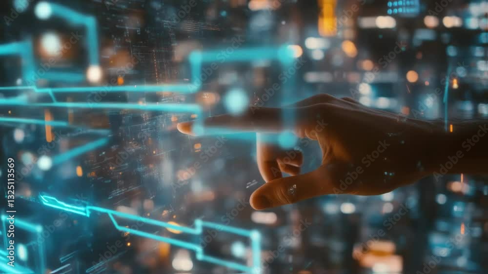 Aufkleber programmers hand navigating complex digital interface with glowing lines and data points, suggesting