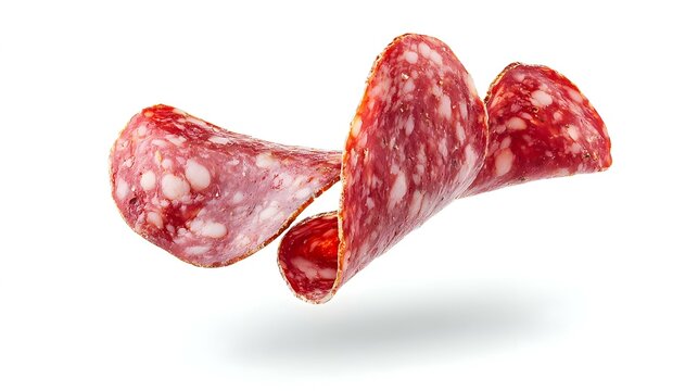 Falling salami isolated on white background