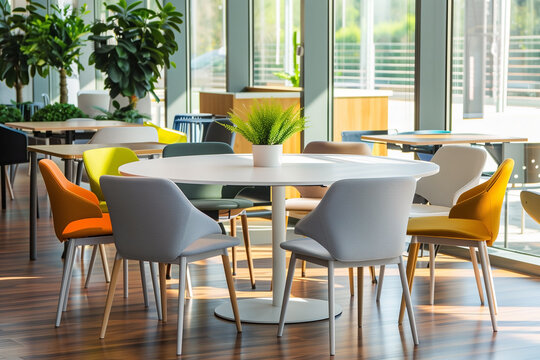 Bright and inviting office cafeteria features a round table with chairs in various colors, creating a modern and welcoming space. Potted plants and ample natural light enhance the atmosphere. - Powered by Adobe
