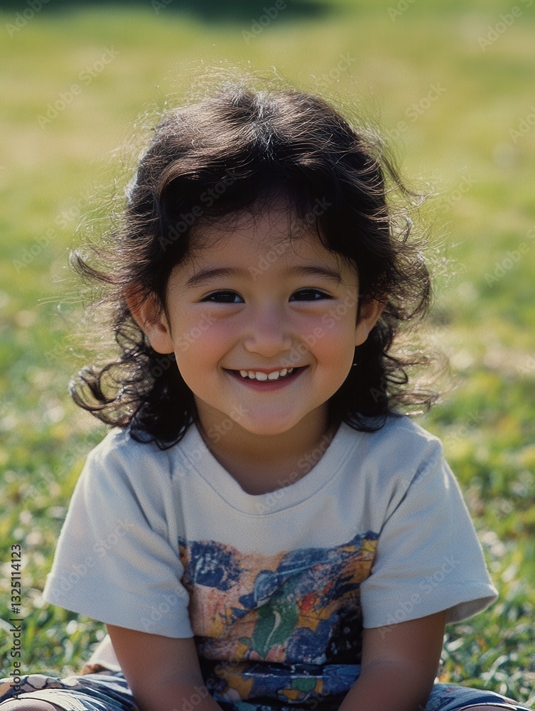 Poster smiling child enjoying a sunny day in the park with green grass in the background