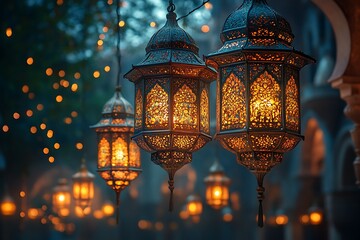 Close-Up of Ornate Lanterns Glowing with Golden Fairy Lights


