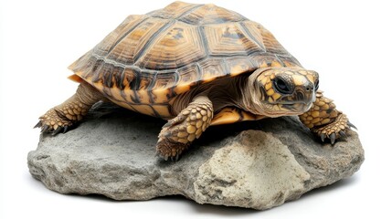 Obraz premium A brown and yellow turtle standing on top of a stone