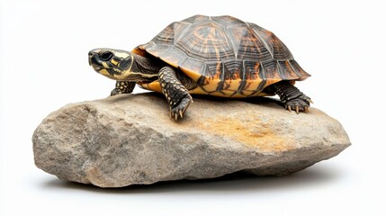 A small terrestrial turtle is perched upon a light colored stone
