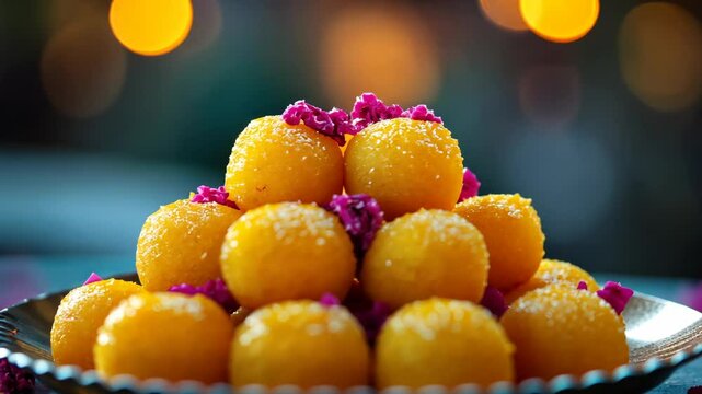 A beautifully arranged plate of golden laddus, a popular Indian sweet, symbolizing festivity, joy, and cultural tradition.  
