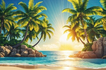 Vibrant Tropical Paradise Background with Lush Palm Trees and Bright Sunshine for Summer Vacation Designs