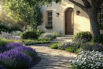 Obraz premium Serene garden pathway leading to a charming house surrounded by blooming lavender and white flowers in early morning light