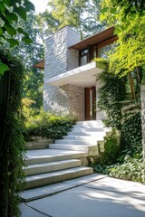 Modern architecture blends with nature in a serene garden setting at a contemporary residence surrounded by lush greenery and well-maintained landscaping during daylight hours