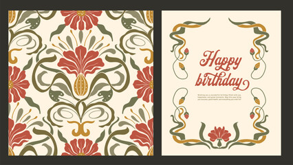  Floral Art Nouveau  Frame Seamless Vintage Pattern and Greeting Birthday Card Ornate Folk Motif Vector Set