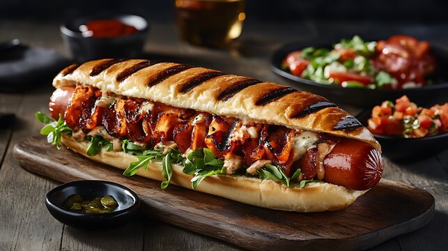 Extra Long Grilled Dog A footlong hot dog with smoky char marks, served in a toasted bun with classic toppings