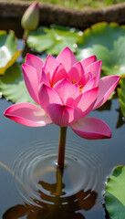 Vibrant pink lotus flower blooming in serene pond, nature's beauty