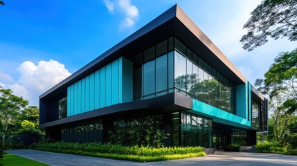 Obraz premium A contemporary office building with a cool cyan and matte black exterior, complemented by expansive glass windows