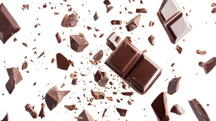 Broken chocolate bar pieces falling on isolated
