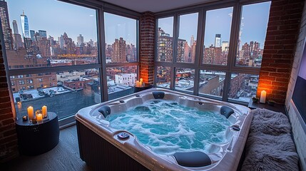 Obraz premium Urban Oasis: Jacuzzi Retreat with Panoramic Skyline View at Twilight Hour