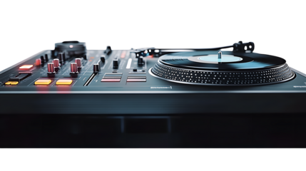 Professional dj turntable playing vinyl record on transparent background