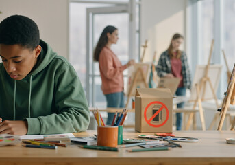 Fototapeta premium Focused young artist drawing at desk with phone collection box in art class