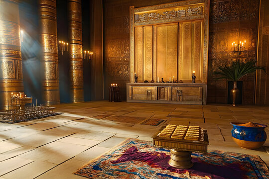 View inside the Holy Place of the Sanctuary described in the book of Moses. Exodus, Old Testament. Showbread, Lampstand, and Altar of Incense.