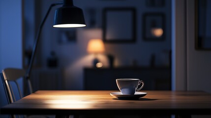 Moody nighttime scene with a coffee cup on a wooden table