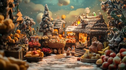 Cozy holiday market scene with gingerbread houses and festive lights