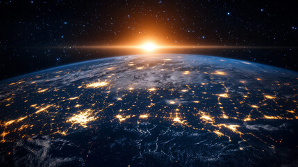 Futuristic digital global network visualization with glowing data connections, earth from space, technology innovation, artificial intelligence, cyber security, and worldwide internet connectivity