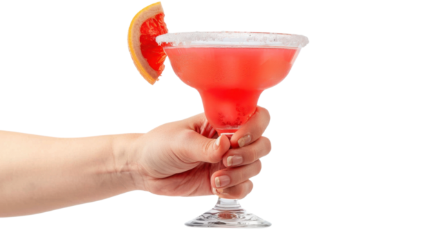 Woman hand holding margarita cocktail with grapefruit slice and salt on transparent background