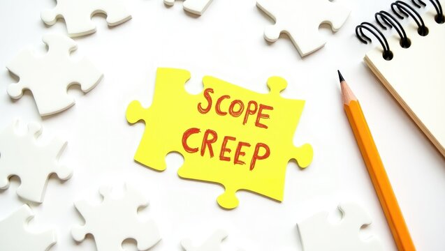 Top view with selective focus on a pencil and notebook featuring text against a white puzzle backdrop.